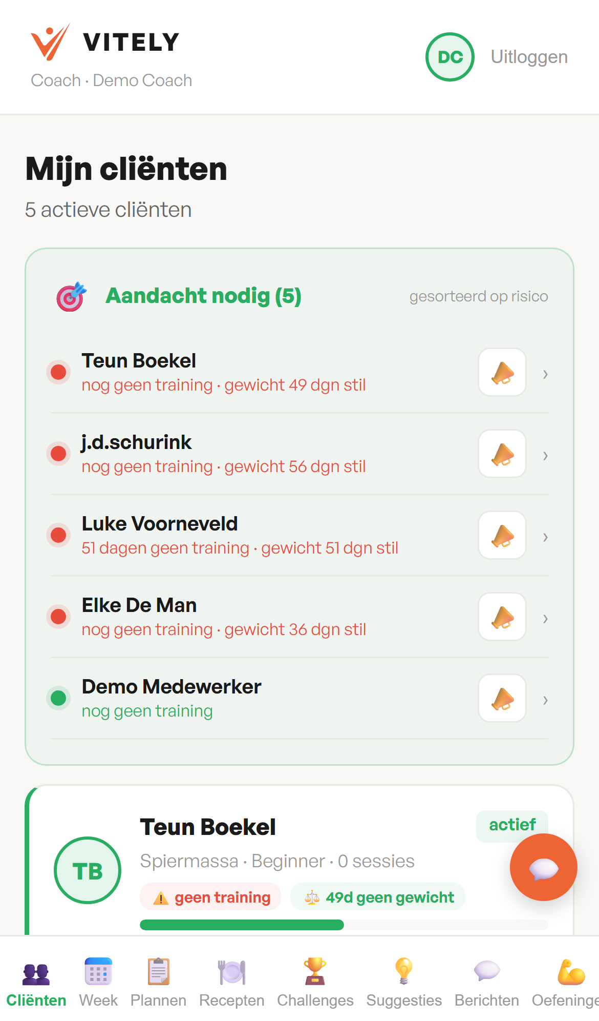 Coach-overzicht in de Vitely-app